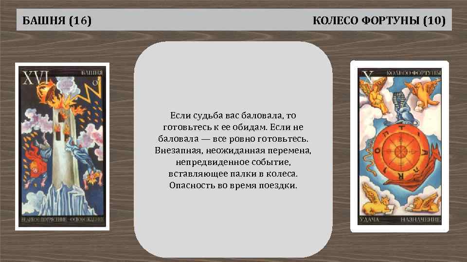 БАШНЯ (16) КОЛЕСО ФОРТУНЫ (10) Если судьба вас баловала, то готовьтесь к ее обидам.