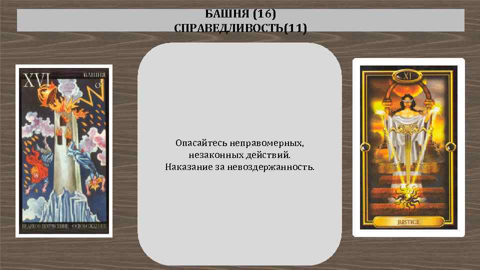 БАШНЯ (16) СПРАВЕДЛИВОСТЬ(11) Опасайтесь неправомерных, незаконных действий. Наказание за невоздержанность. 