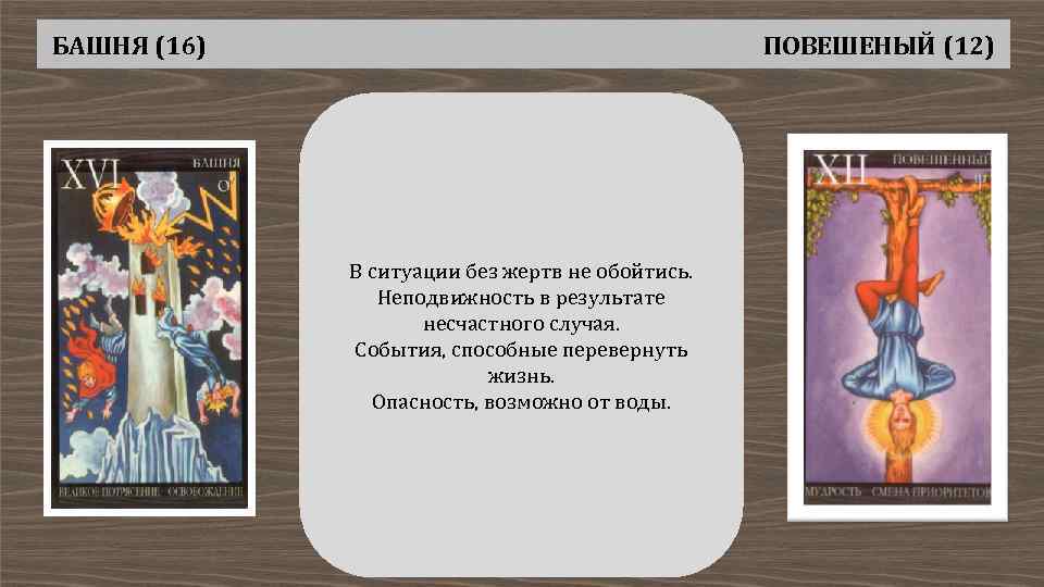 БАШНЯ (16) ПОВЕШЕНЫЙ (12) В ситуации без жертв не обойтись. Неподвижность в результате несчастного