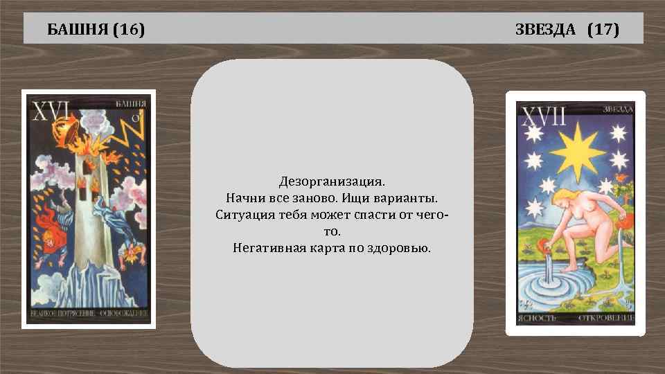 БАШНЯ (16) ЗВЕЗДА (17) Дезорганизация. Начни все заново. Ищи варианты. Ситуация тебя может спасти