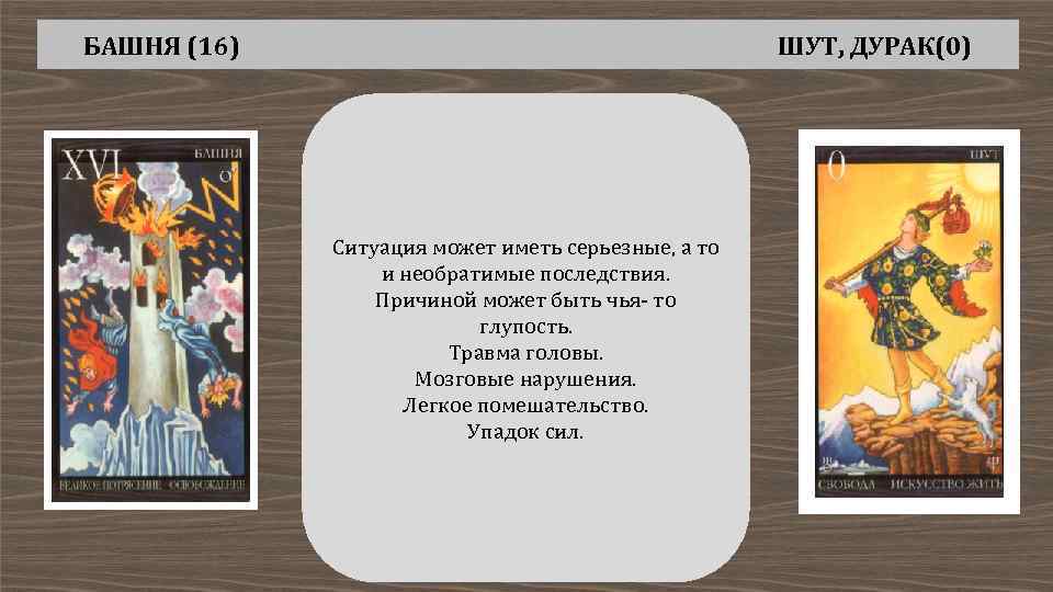 БАШНЯ (16) ШУТ, ДУРАК(0) Ситуация может иметь серьезные, а то и необратимые последствия. Причиной