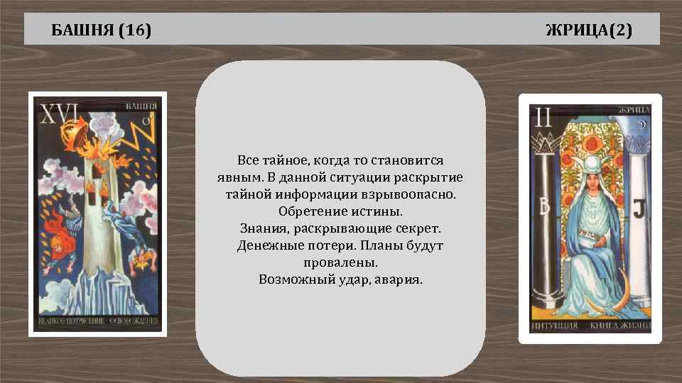 БАШНЯ (16) ЖРИЦА(2) Все тайное, когда то становится явным. В данной ситуации раскрытие тайной