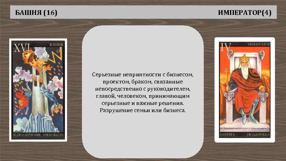 БАШНЯ (16) ИМПЕРАТОР(4) Серьезные неприятности с бизнесом, проектом, браком, связанные непосредственно с руководителем, главой,