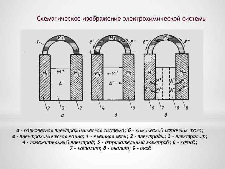 Схематическое изображение электрохимической системы а – равновесная электрохимическая система; б – химический источник тока;