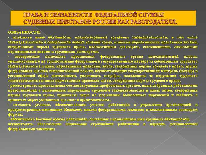 ПРАВА И ОБЯЗАННОСТИ ФЕДЕРАЛЬНОЙ СЛУЖБЫ СУДЕБНЫХ ПРИСТАВОВ РОССИИ КАК РАБОТОДАТЕЛЯ. ОБЯЗАННОСТИ: - исполнять иные