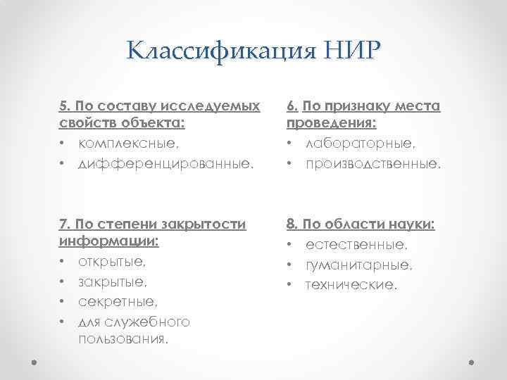 Классификация НИР 5. По составу исследуемых свойств объекта: • комплексные, • дифференцированные. 6. По