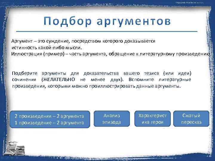 Аргумент – это суждение, посредством которого доказывается истинность какой-либо мысли. Иллюстрация (пример) – часть