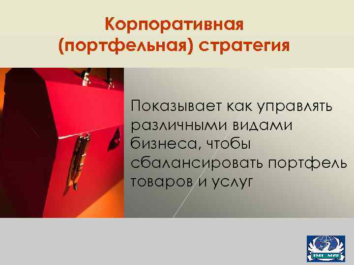 Корпоративная (портфельная) стратегия Показывает как управлять различными видами бизнеса, чтобы сбалансировать портфель товаров и