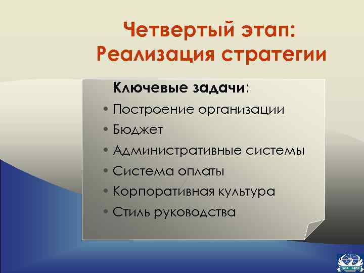 Четвертый этап: Реализация стратегии Ключевые задачи: • Построение организации • Бюджет • Административные системы