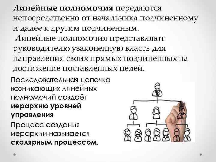 Линейные полномочия передаются непосредственно от начальника подчиненному и далее к другим подчиненным. Линейные полномочия