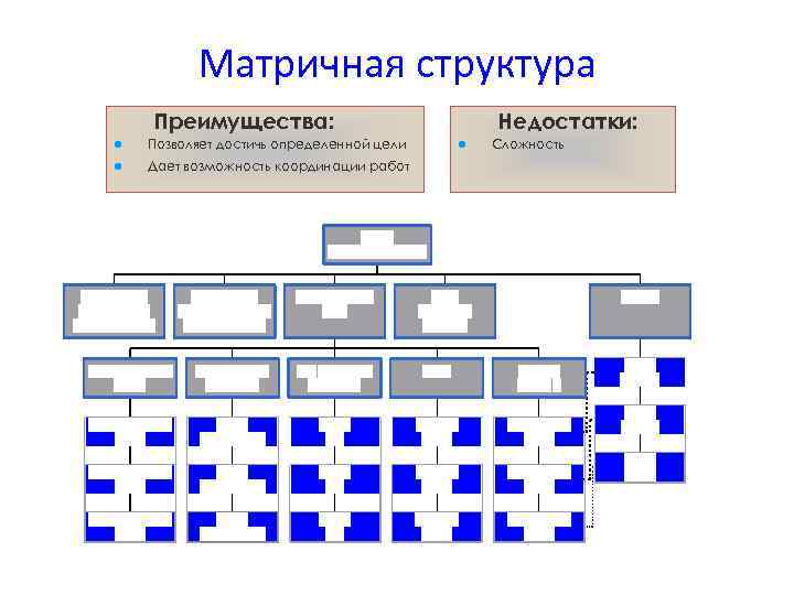 Матричная структура Преимущества: l Позволяет достичь определенной цели l Дает возможность координации работ Недостатки: