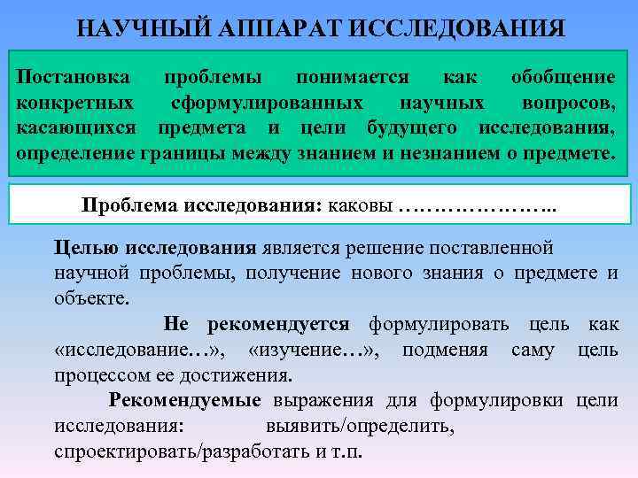 Формулирование научной концепции. Научный аппарат исследования это. Научный аппарат педагогических исследований проблема. Как объект и предмет исследования формулируют научную проблему. Формулировка научной проблемы в диссертации.