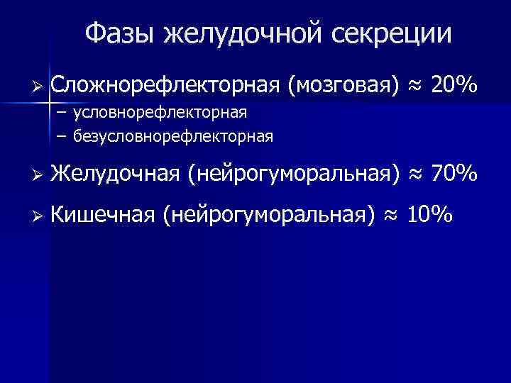 Фазы желудочной секреции Ø Сложнорефлекторная (мозговая) ≈ 20% – условнорефлекторная – безусловнорефлекторная Ø Желудочная