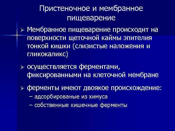 Пристеночное и мембранное пищеварение Ø Мембранное пищеварение происходит на поверхности щеточной каймы эпителия тонкой