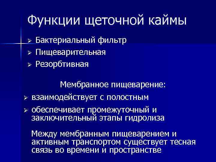 Функции щеточной каймы Ø Ø Ø Бактериальный фильтр Пищеварительная Резорбтивная Мембранное пищеварение: взаимодействует с