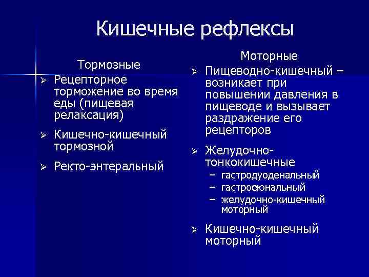 Кишечные рефлексы Ø Ø Ø Тормозные Рецепторное торможение во время еды (пищевая релаксация) Кишечно-кишечный
