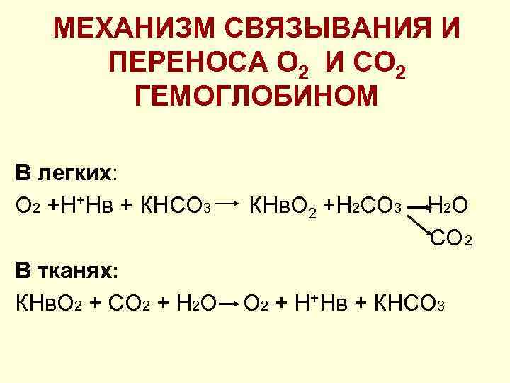 МЕХАНИЗМ СВЯЗЫВАНИЯ И ПЕРЕНОСА О 2 И СО 2 ГЕМОГЛОБИНОМ В легких: О 2