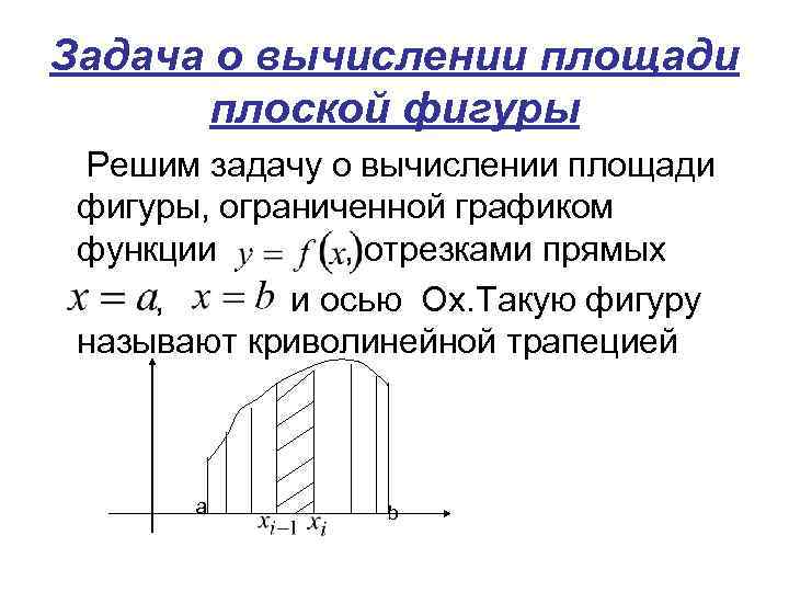 Задача о вычислении площади плоской фигуры Решим задачу о вычислении площади фигуры, ограниченной графиком