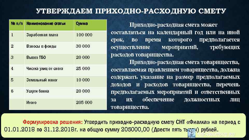 УТВЕРЖДАЕМ ПРИХОДНО-РАСХОДНУЮ СМЕТУ № п/п Наименование статьи Сумма 1 Заработная плата 100 000 2