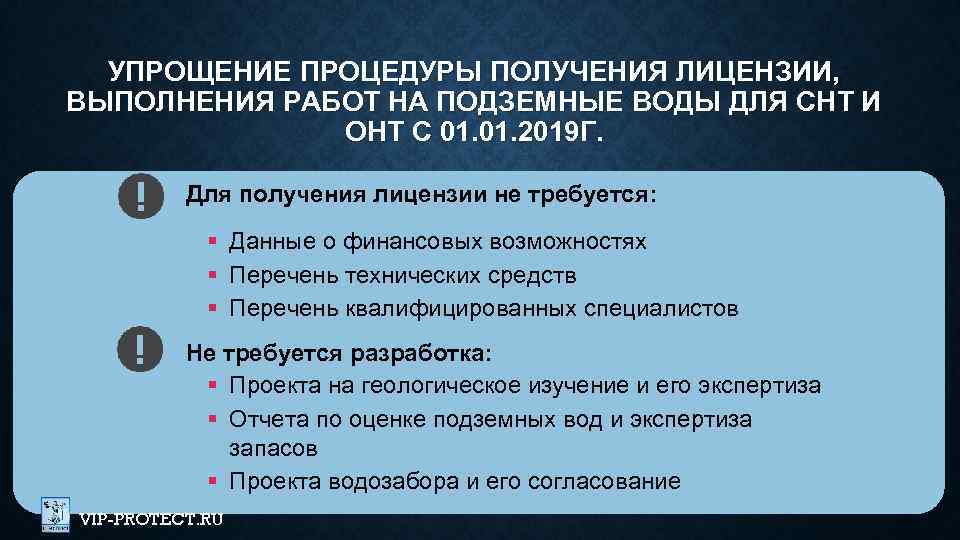 УПРОЩЕНИЕ ПРОЦЕДУРЫ ПОЛУЧЕНИЯ ЛИЦЕНЗИИ, ВЫПОЛНЕНИЯ РАБОТ НА ПОДЗЕМНЫЕ ВОДЫ ДЛЯ СНТ И ОНТ С