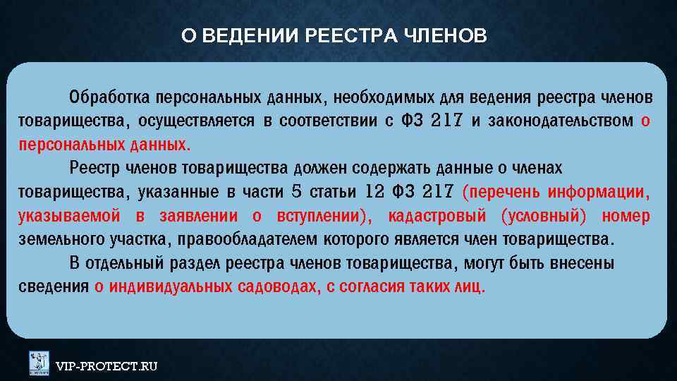 О ВЕДЕНИИ РЕЕСТРА ЧЛЕНОВ Обработка персональных данных, необходимых для ведения реестра членов товарищества, осуществляется