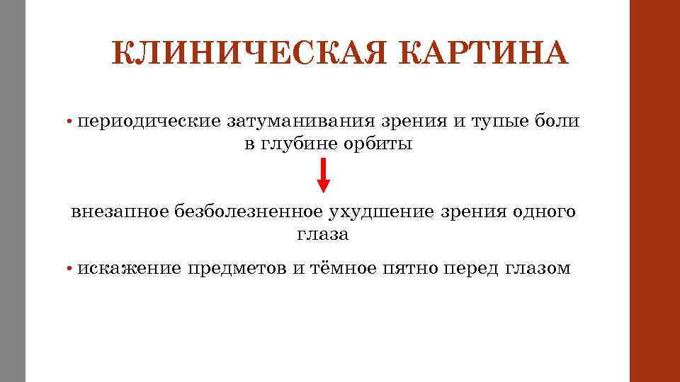 КЛИНИЧЕСКАЯ КАРТИНА • периодические затуманивания зрения и тупые боли в глубине орбиты внезапное безболезненное
