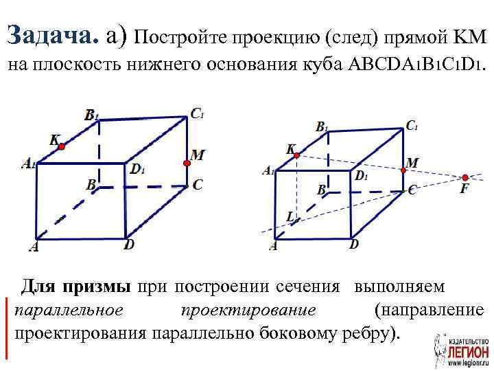 Задача. а) Постройте проекцию (след) прямой KM на плоскость нижнего основания куба ABCDA 1