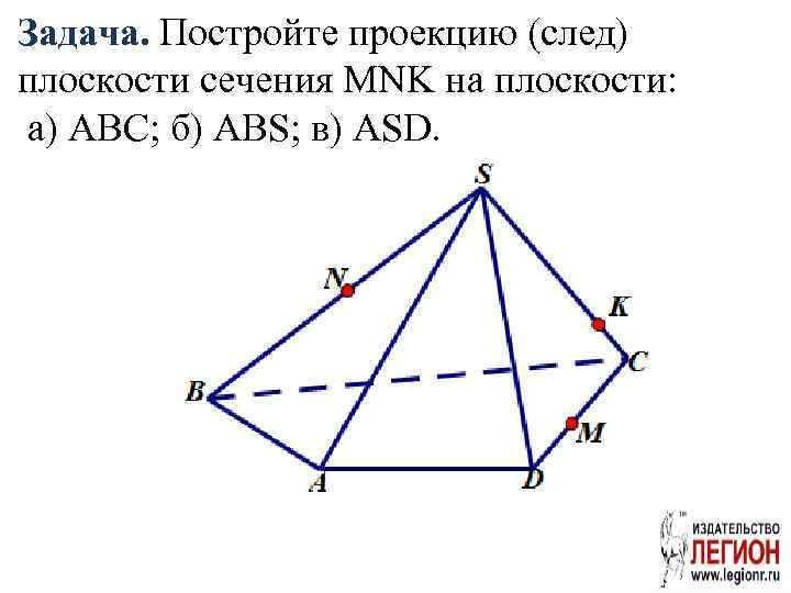 Задача. Постройте проекцию (след) плоскости сечения MNK на плоскости: а) ABC; б) ABS; в)