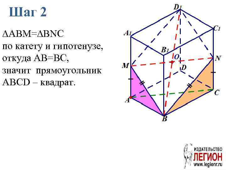 Шаг 2 ∆ABM=∆BNC по катету и гипотенузе, откуда AB=BC, значит прямоугольник ABCD – квадрат.