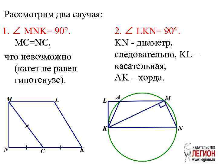 Рассмотрим два случая: 1. ∠ MNK= 90°. MC=NC, что невозможно (катет не равен гипотенузе).