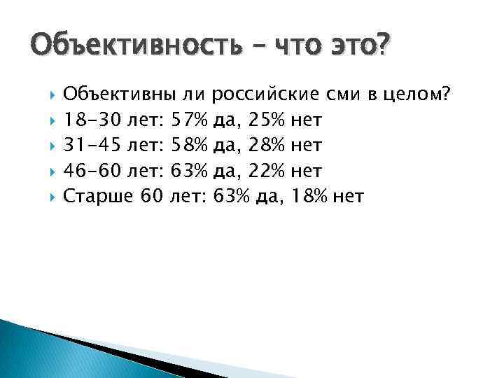 Объективность – что это? Объективны ли российские сми в целом? 18 -30 лет: 57%