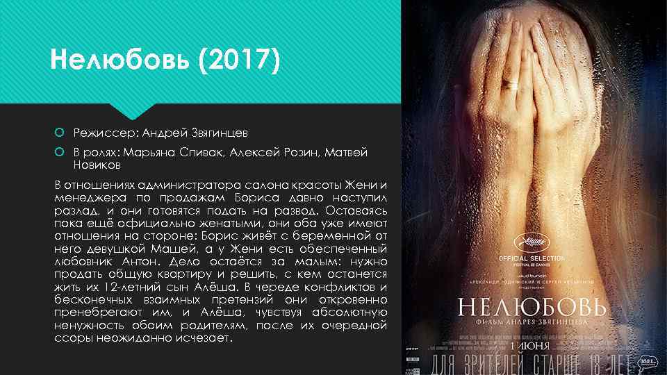 Нелюбовь (2017) Режиссер: Андрей Звягинцев В ролях: Марьяна Спивак, Алексей Розин, Матвей Новиков В