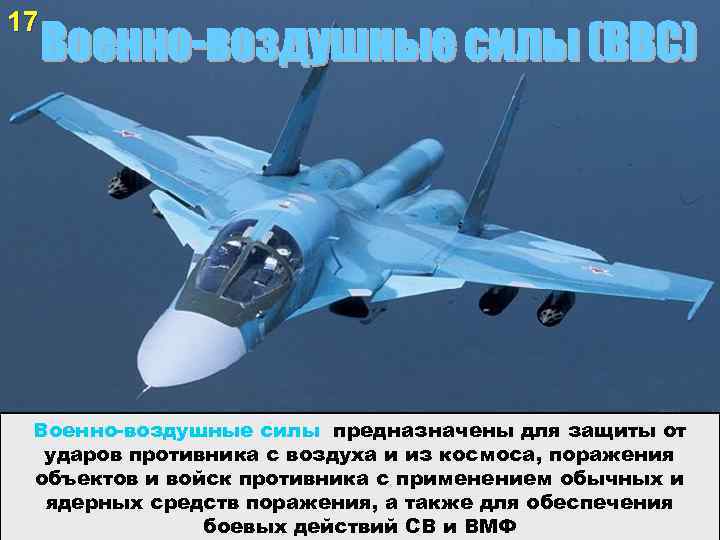 17 Военно-воздушные силы предназначены для защиты от ударов противника с воздуха и из космоса,