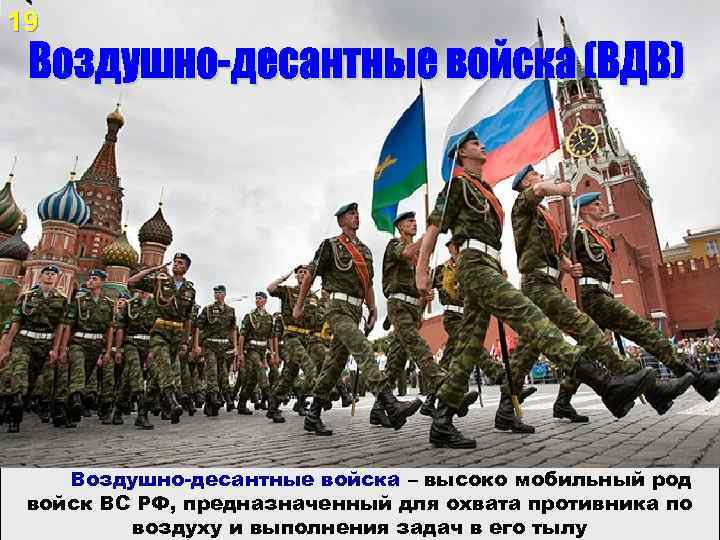 19 Воздушно-десантные войска (ВДВ) Воздушно-десантные войска – высоко мобильный род войск ВС РФ, предназначенный