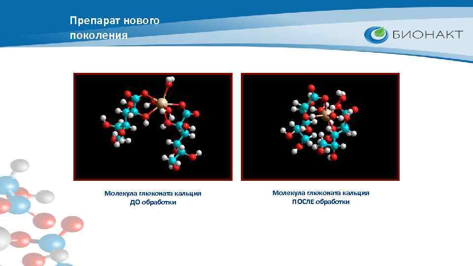 Препарат нового поколения Молекула глюконата кальция ДО обработки Молекула глюконата кальция ПОСЛЕ обработки 