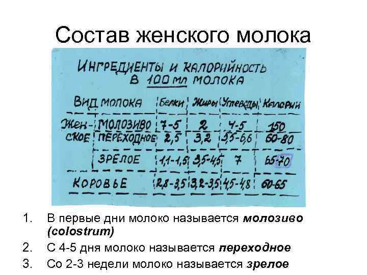 Состав женского молока 1. 2. 3. В первые дни молоко называется молозиво (colostrum) С