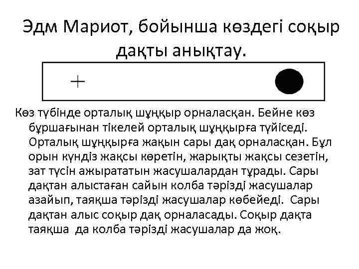 Эдм Мариот, бойынша көздегі соқыр дақты анықтау. Көз түбінде орталық шұңқыр орналасқан. Бейне көз