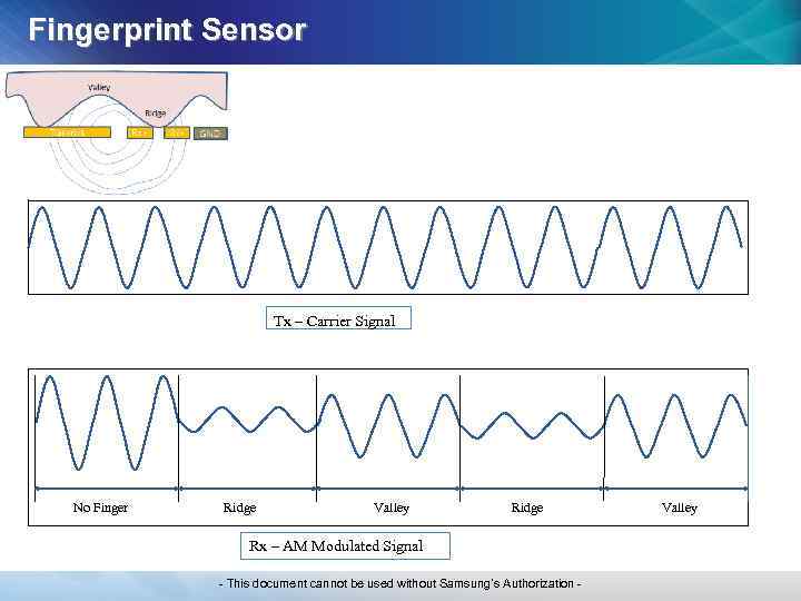 Fingerprint Sensor Tx – Carrier Signal No Finger Ridge Valley Ridge Rx – AM