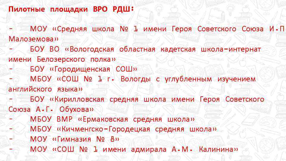 Пилотные площадки ВРО РДШ: – МОУ «Средняя школа № 1 имени Героя Советского Союза