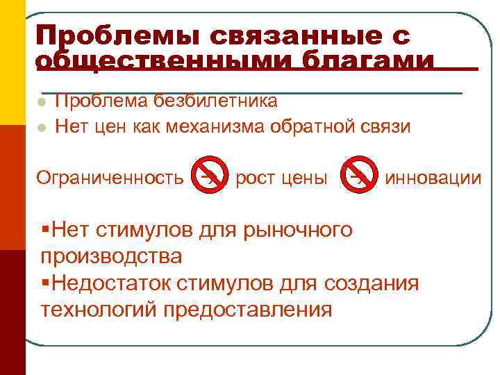 Проблемы связанные с общественными благами l l Проблема безбилетника Нет цен как механизма обратной