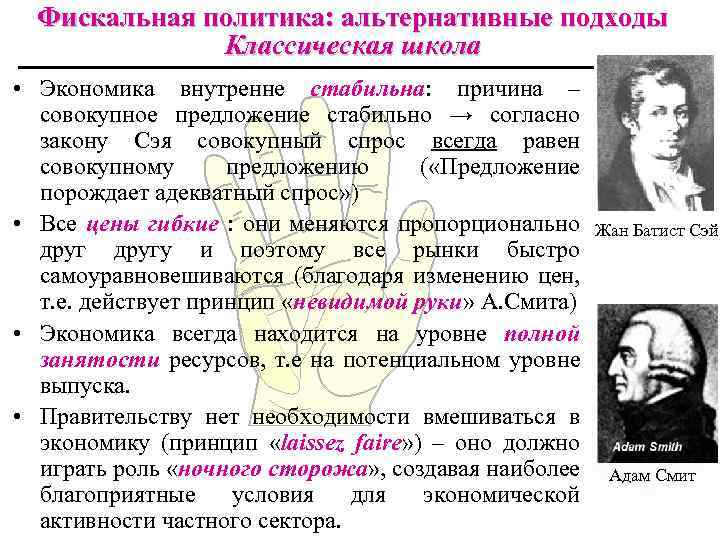 Фискальная политика: альтернативные подходы Классическая школа • Экономика внутренне стабильна: причина – совокупное предложение