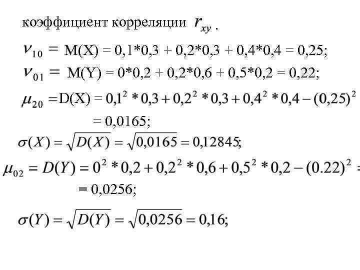 коэффициент корреляции . М(Х) = 0, 1*0, 3 + 0, 2*0, 3 + 0,