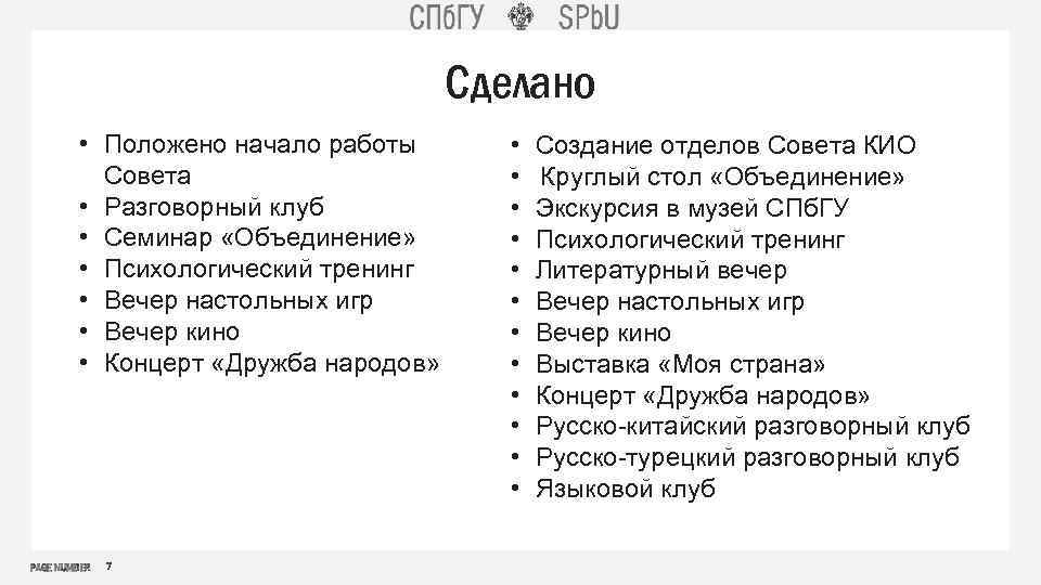 Сделано • Положено начало работы Совета • Разговорный клуб • Семинар «Объединение» • Психологический