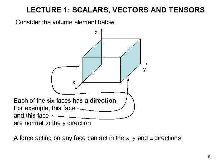 LECTURE 1: SCALARS, VECTORS AND TENSORS Consider the volume element below. Each of the