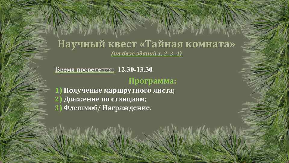 Научный квест «Тайная комната» (на базе зданий 1, 2, 3, 4) Время проведения: 12.