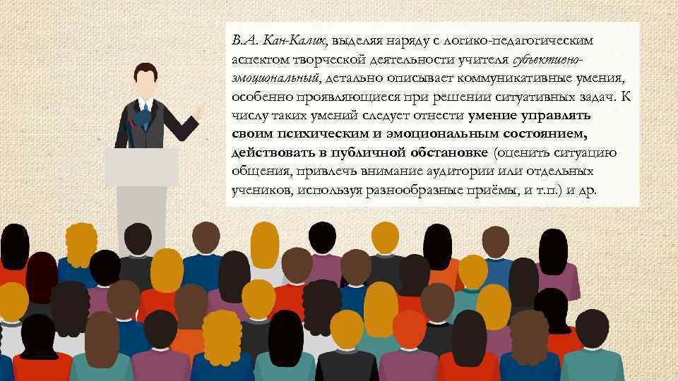 В. А. Кан-Калик, выделяя наряду с логико-педагогическим аспектом творческой деятельности учителя субъективноэмоциональный, детально описывает