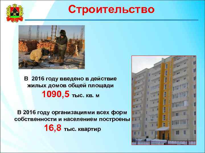 Строительство В 2016 году введено в действие жилых домов общей площади 1090, 5 тыс.