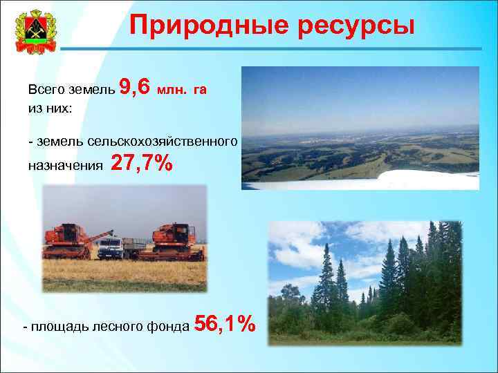 Природные ресурсы 9, 6 Всего земель млн. га из них: - земель сельскохозяйственного назначения