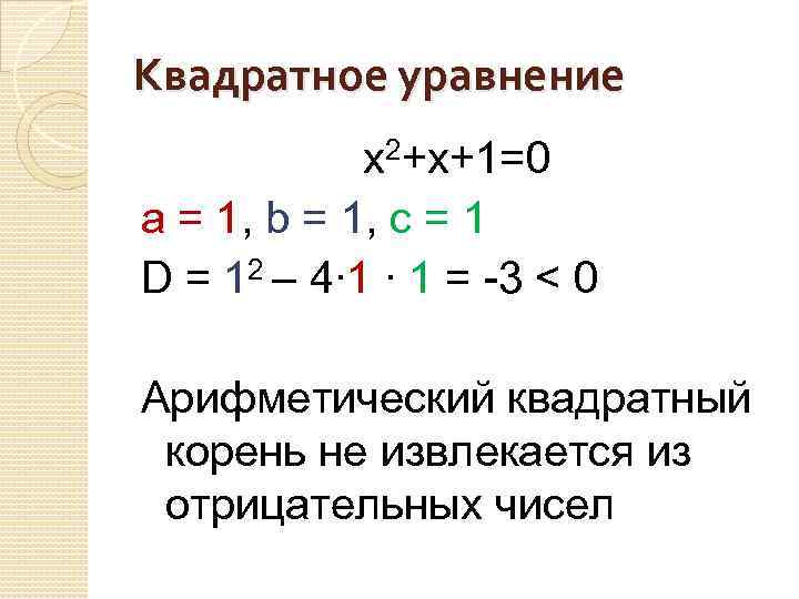 Квадратное уравнение x 2+x+1=0 a = 1, b = 1, c = 1 D