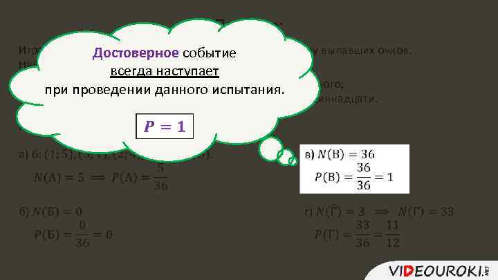 Пример: Игральный кубик подбрасывают 2 раза и находят сумму выпавших очков. Достоверное событие Найти